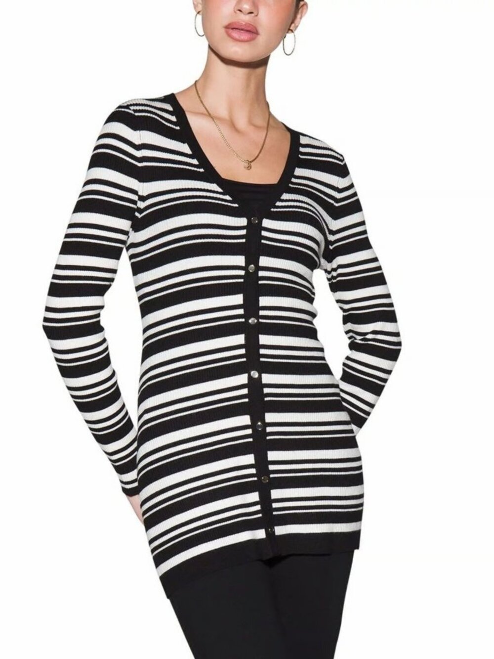 White House Black Market Black & White Striped Snap-Front Cardigan – Size L